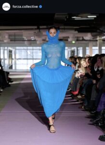 Instagram screenshot of a runway moment featuring the closing look at Forza Collective's show