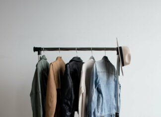 five jackets on clothes rack