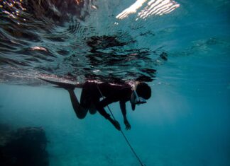 man in black wet suit swimming in water