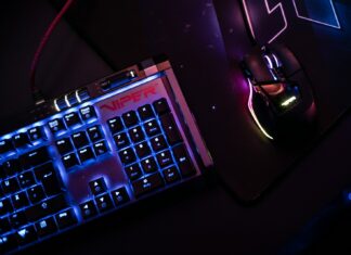 a close up of a keyboard and a mouse