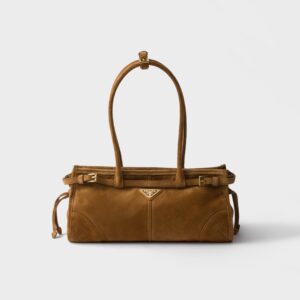 Prada Bonnie Bag in Suede Cinammon on White Background