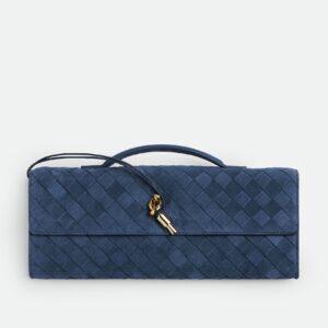 Bottega Veneta Andiamo Clutch in Suede Neptune on White Background